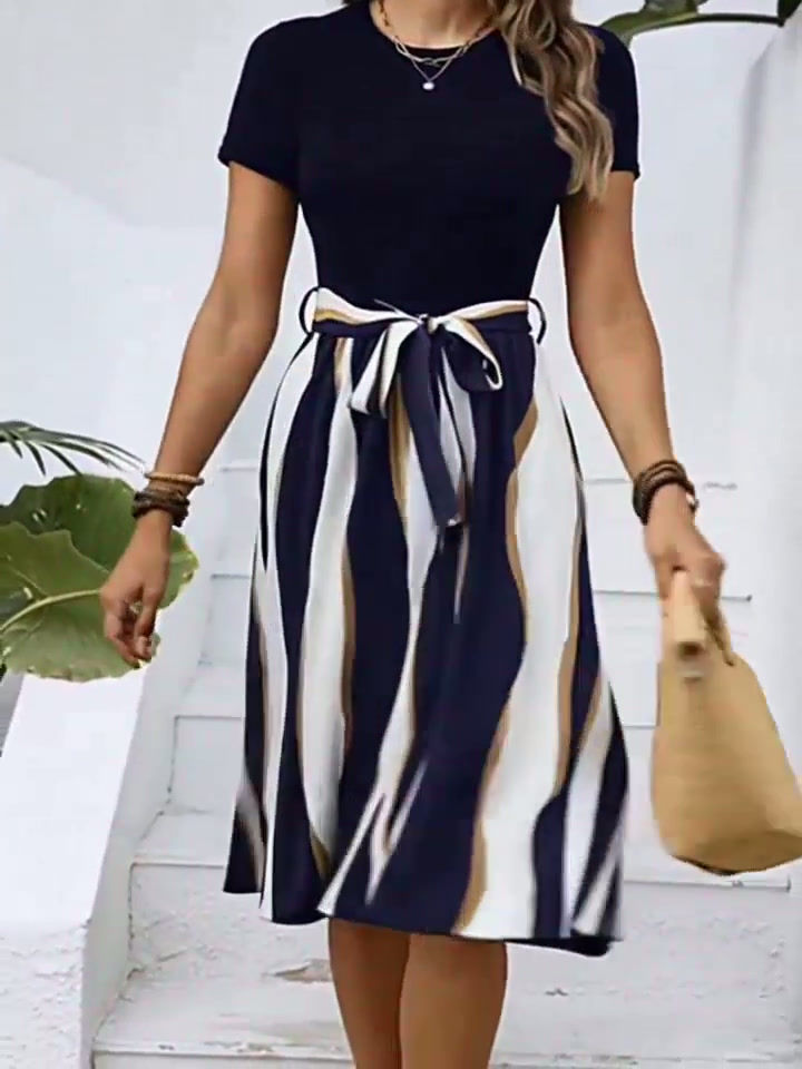 Thumbnail: Elegant Daily Casual European and American Round Neck SS Belted Dress