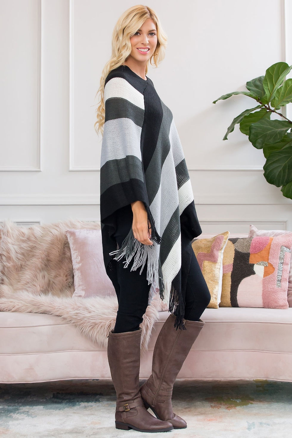 Thumbnail: Color Block Fringe Poncho