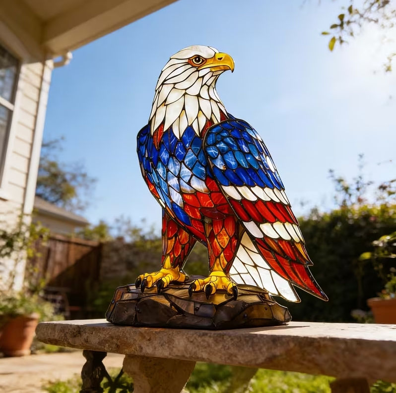 Miniatura: Bald Eagle Stained Glass Table Lamp, Patriotic American Flag