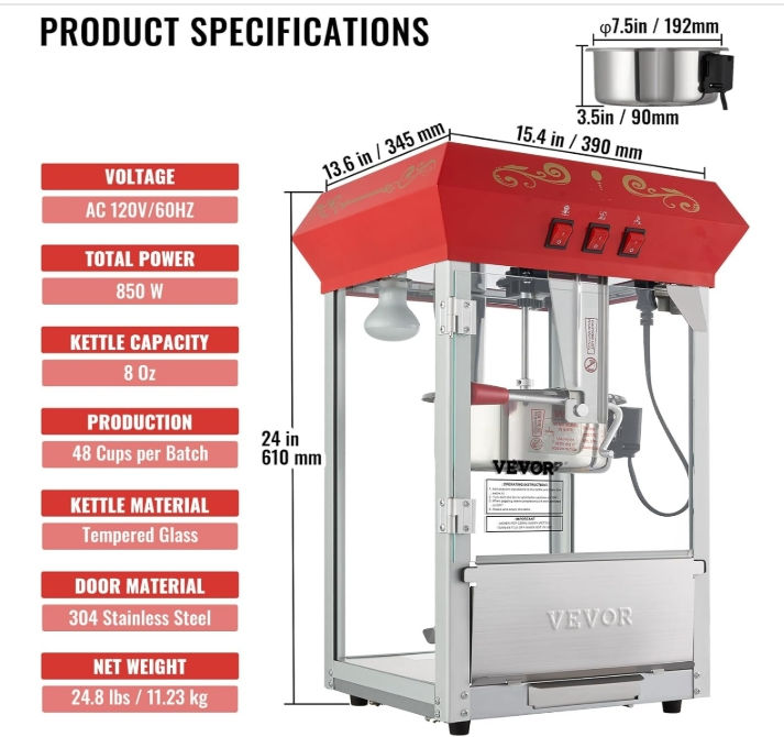 Miniatura: VEVOR Commercial Popcorn Machine, 8 Oz Kettle, 850 W Countertop Popcorn Maker