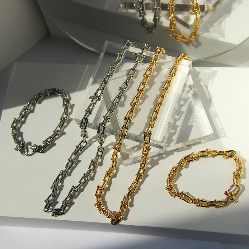 Thumbnail: Adjustable Brass 18K Gold Plated U Link Chain Bracelets