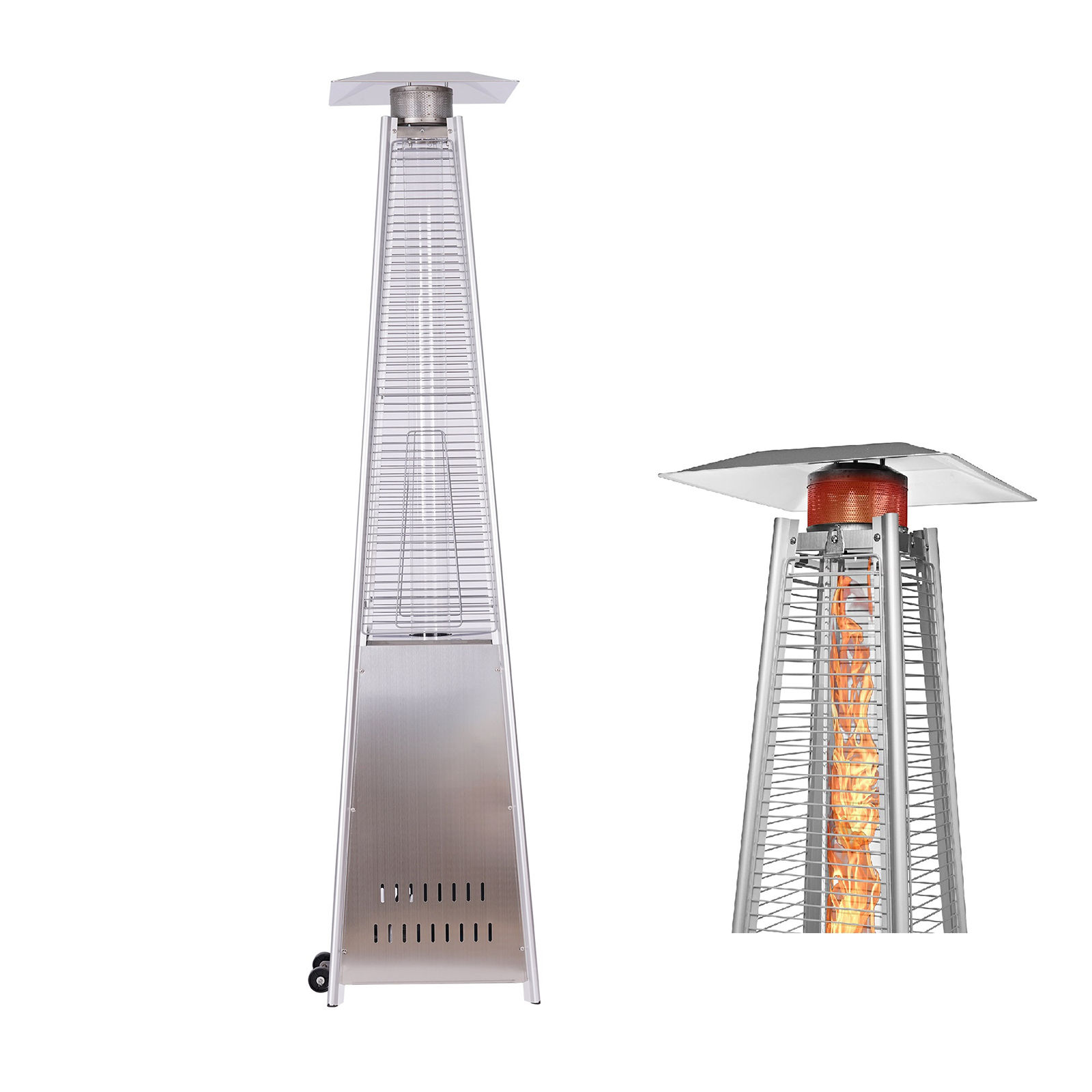Outdoor Patio Pyramid Propane Space Flame Heater, W/Wheels, Stainless Steel