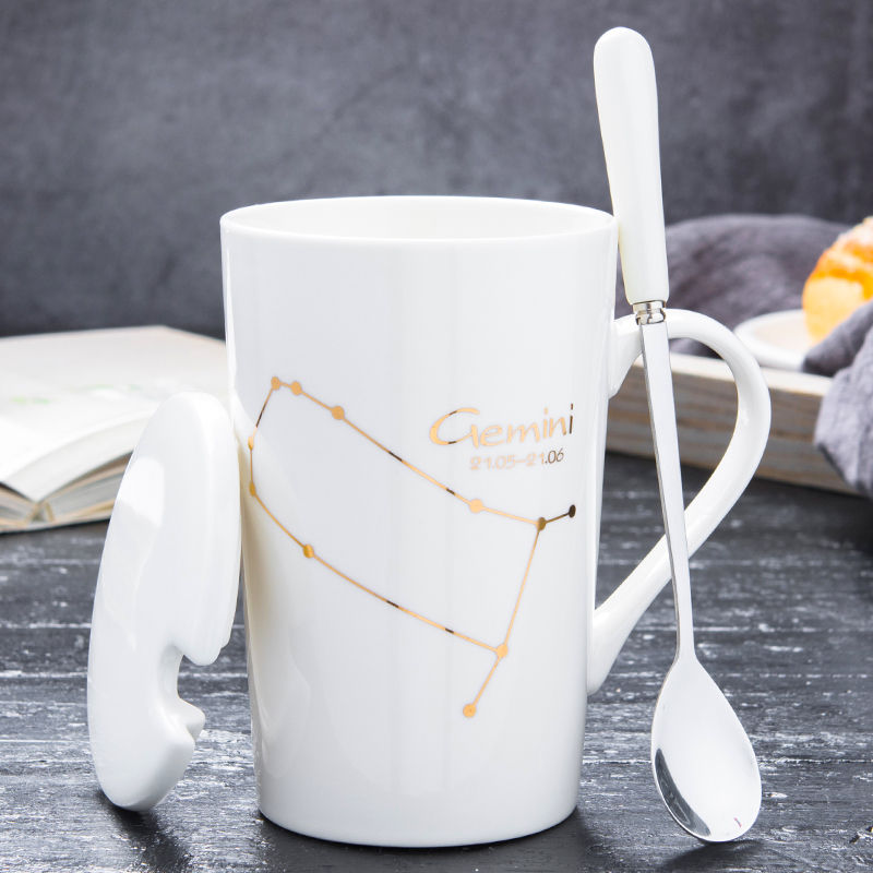 Thumbnail: Luxurious  12 Constellations Gold Pattern Ceramic Coffee Mug With Lid Spoon