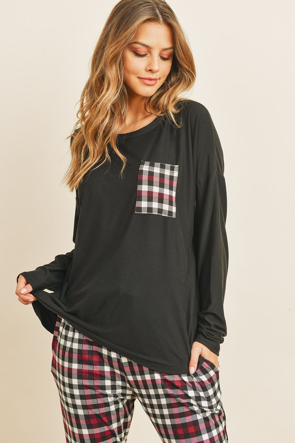 Miniatura: Solid Top Plaid Pocket and Joggers Set With Self Tie