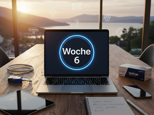 onoffMEDIA Apple Support Wochenrückblick Woche 6: Ein MacBook auf einem Holztisch mit Blick auf den Zürichsee. Das Display zeigt 'Woche 6', umgeben von Symbolen für WLAN, Mail-Sicherheit und Cloud-Support. Im Vordergrund Notizen zu macOS Tahoe und IT-Lösungen für Kunden in der Region Zürich.“