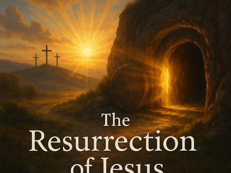 three crosses on a hill overlooking an empty tomb