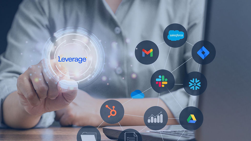 Person touching holographic interface with text "Leverage" and app icons like Gmail, Slack. Office setting, tech network vibe.