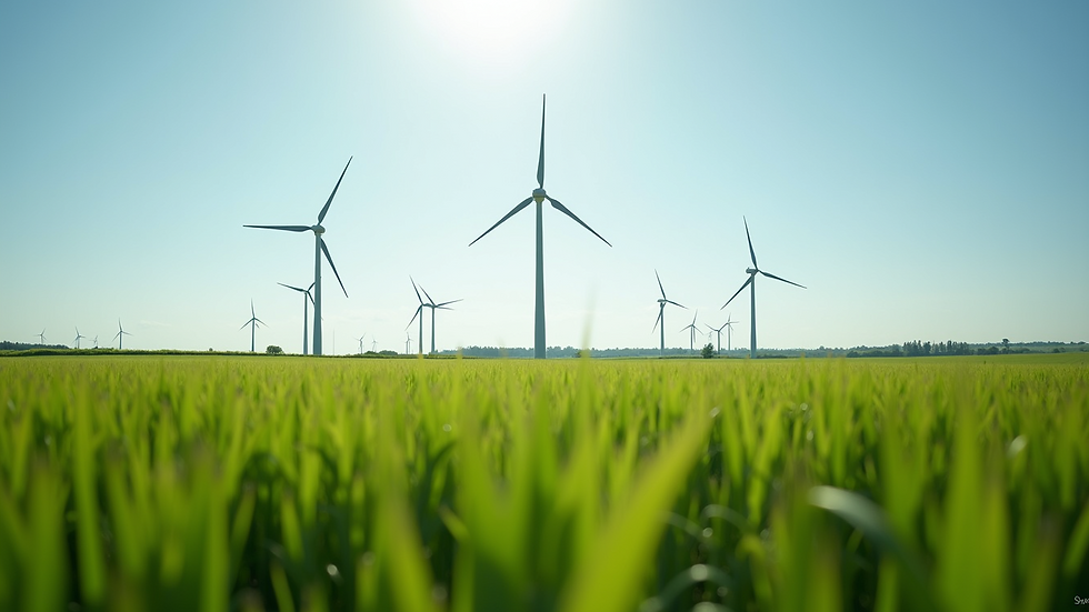 Eye-level view of wind turbines in a green field