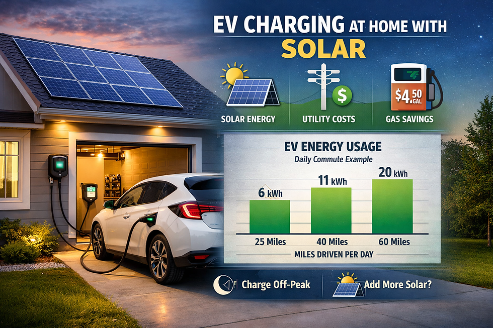 Modern home with rooftop solar panels charging an electric vehicle using a Level 2 EV charger at night, showing estimated EV energy use, off-peak charging benefits, utility cost comparison, and gas savings.
