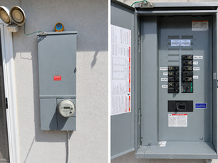 200 amp residential electrical panel upgrade showing exterior service panel and interior breaker layout with surge protector