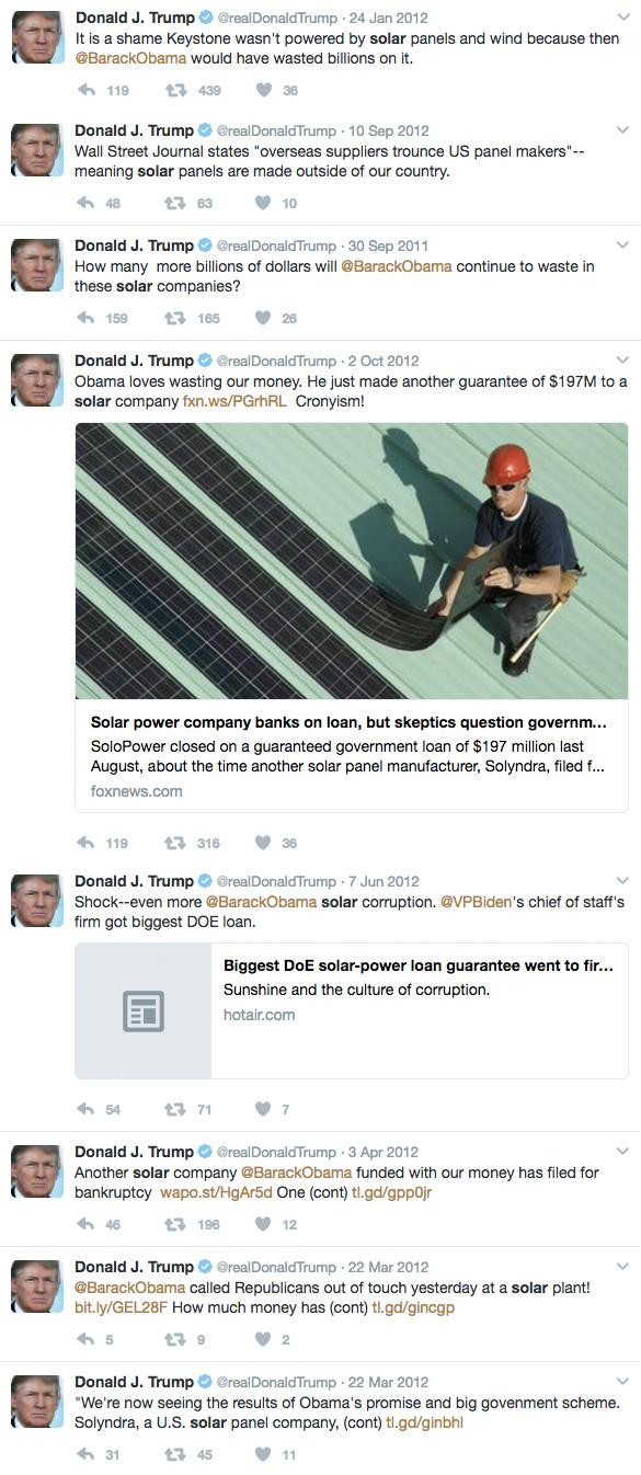 Screenshots of Donald Trump's tweets about solar energy.