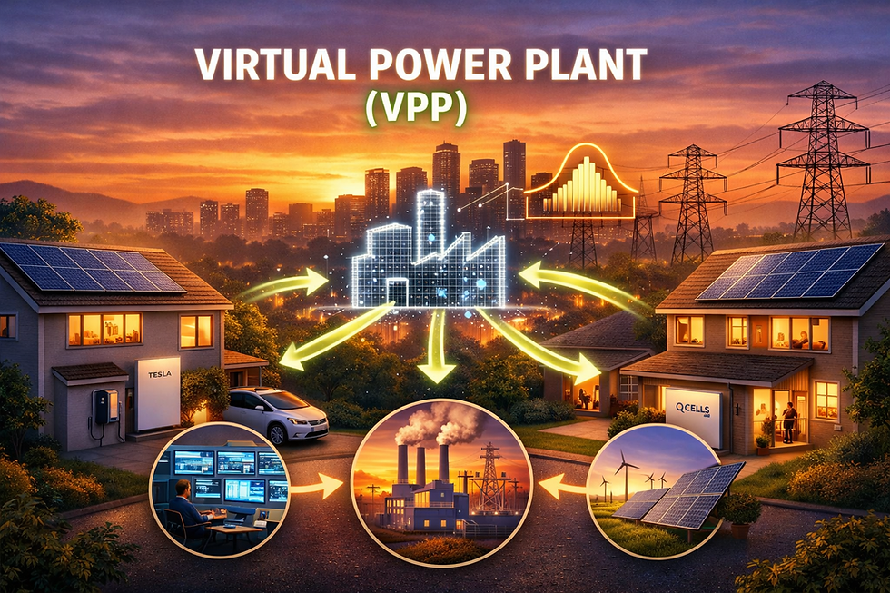 Illustration showing a Virtual Power Plant (VPP) made up of California homes with solar panels and battery storage systems, including Tesla Powerwall and Qcells batteries, sending energy back to the electric grid during peak demand hours.