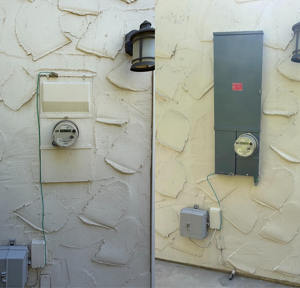 Exterior main electrical panel and meter mounted on a stucco wall