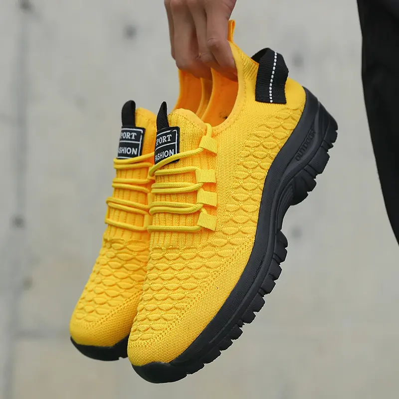 Thumbnail: Men's Bright Yellow Outdoor Sneakers Breathable Mesh Construction Shock