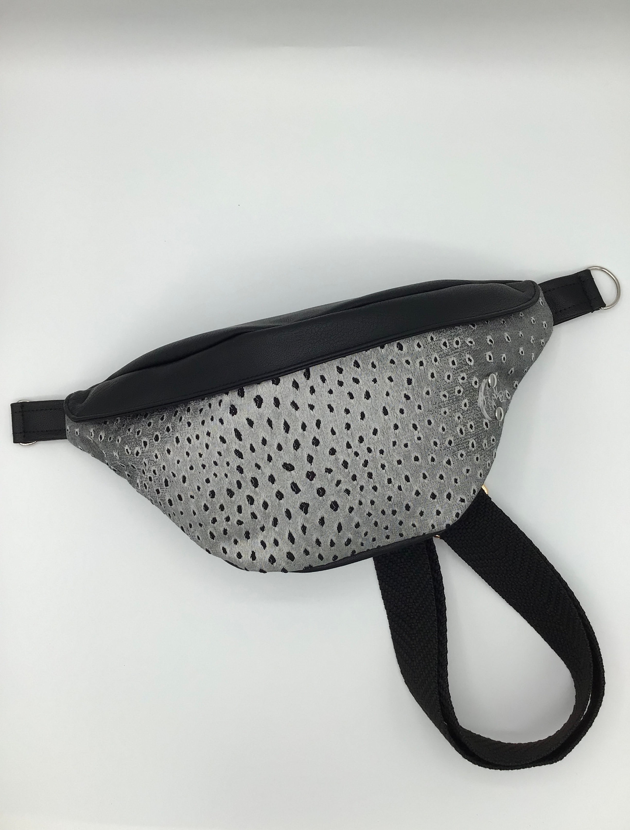 Custom Black Faux Vinyl Crossbody Fanny Pack w/ Grey and Black Ostrich Texture