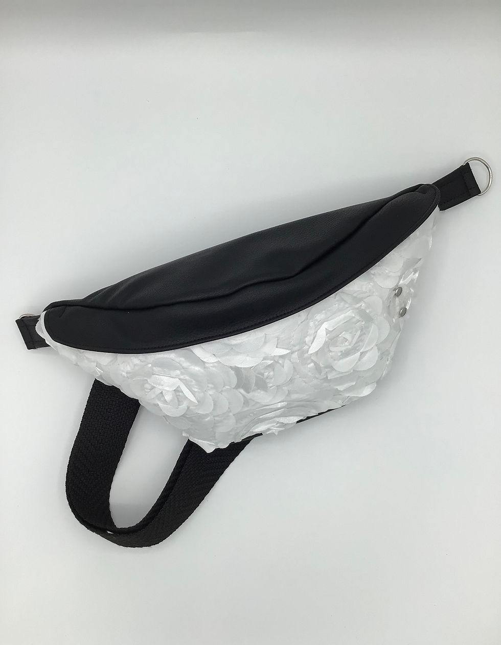 Thumbnail: Handmade Black Faux Leather w/ White Floral Accent Crossbody Belt Bag