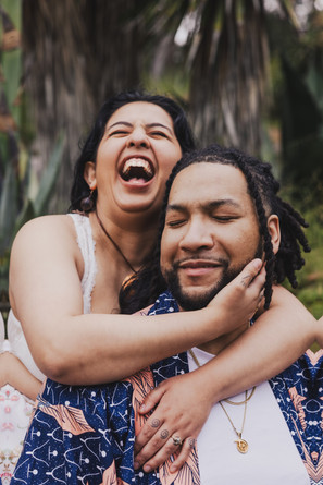 engaged couple laughing in the succulent garden in the San Francisco botanical gardens