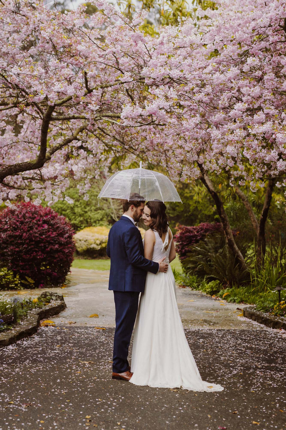 Bride and groom under cherry blossoms at the Brazilian Room in Berkeley, CA on a rainy wedding day