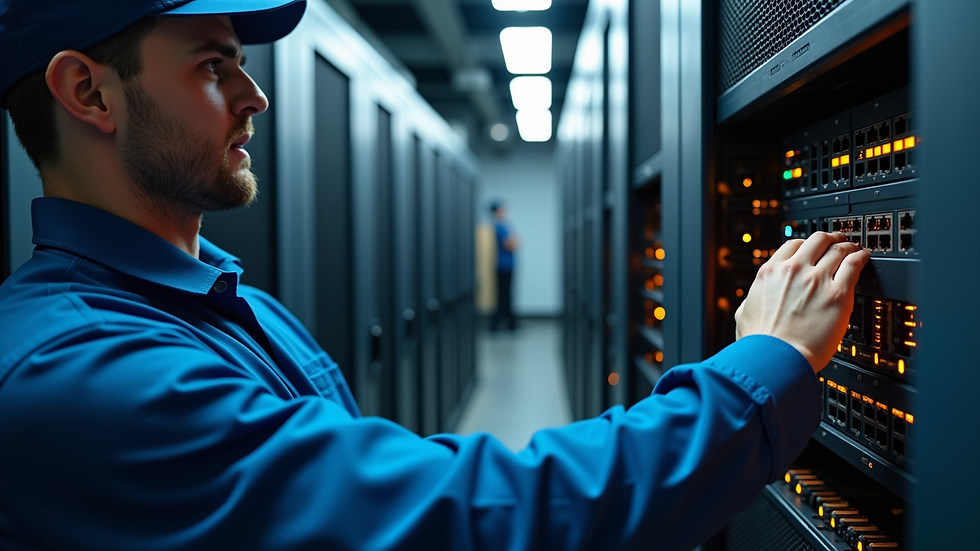 Close-up view of a technician working on a network switch in a data center