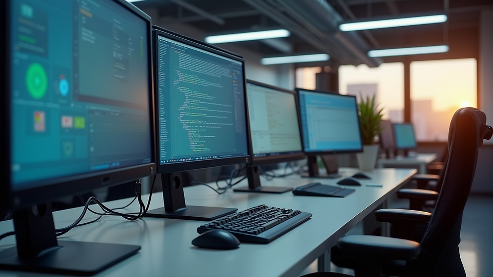 Eye-level view of a modern office workspace with multiple computer screens