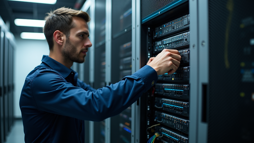 Eye-level view of a modern office server room with blinking lights