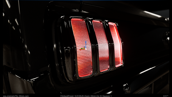 Mustang three-bar taillight rendered in Unreal Engine