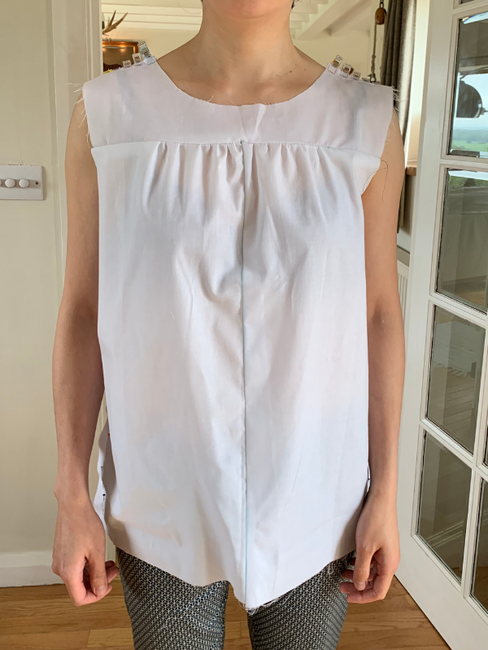 Front view of the second toile of the Sagebrush Top having made changes to reduce the ease at the waist and hips, and excess fabric at the front armholes