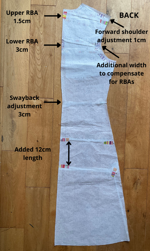 Fitting adjustments made on the Tilly and the Buttons Freya dress back piece showing forward shoulder, rounded back, swayback and length adjustments