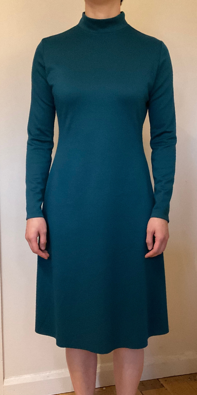 Front view of Tilly and the Buttons Freya Dress in teal green ponte knit