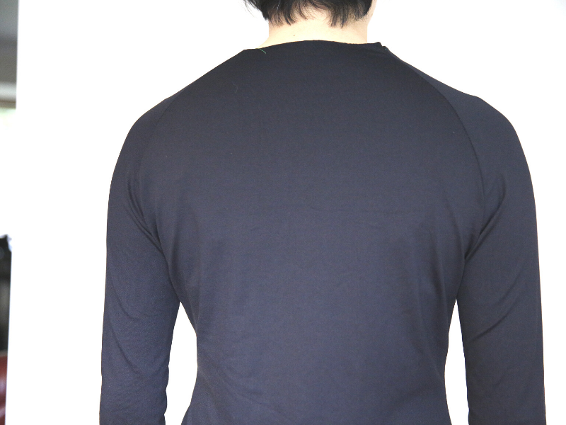 Back view of Tilly and the Buttons Frankie T-Shirt second toile after sleeve adjustments showing fewer drag lines from shoulder to underarm area