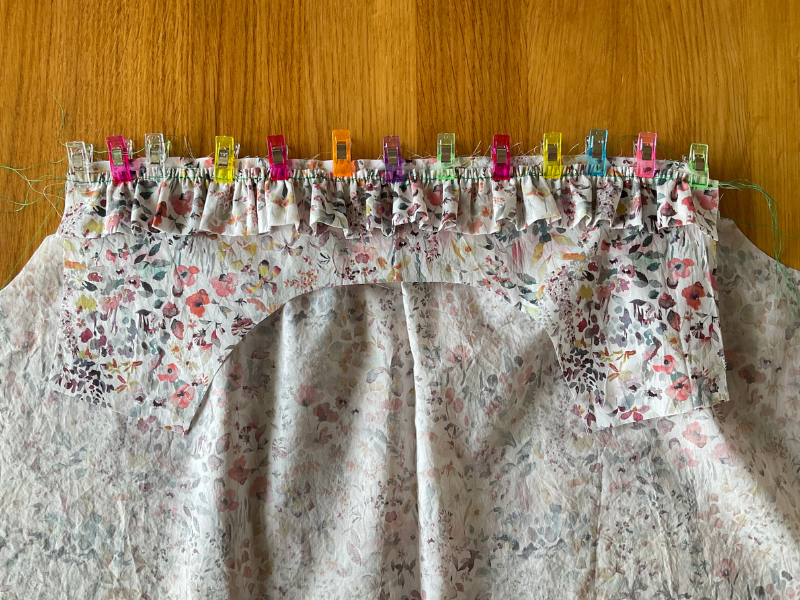 Sagebrush Top front yoke and ruffle pieces pinned to front body with wrong sides together