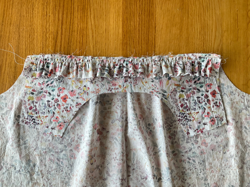 Sagebrush Top with front yoke and ruffle pieces sewn to front body with 5mm seam allowance with wrong sides together