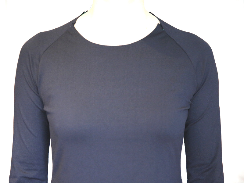 Front view of Tilly and the Buttons Frankie T-Shirt second toile after sleeve adjustments showing fewer drag lines from shoulder to underarm area