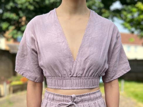 Finished front view of the Saguaro Set top by Friday Pattern Company in Merchant & Mills 185 linen in Calamine