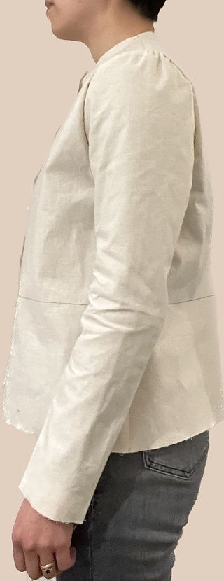 Left view of second Heather Blazer toile showing tight sleeves