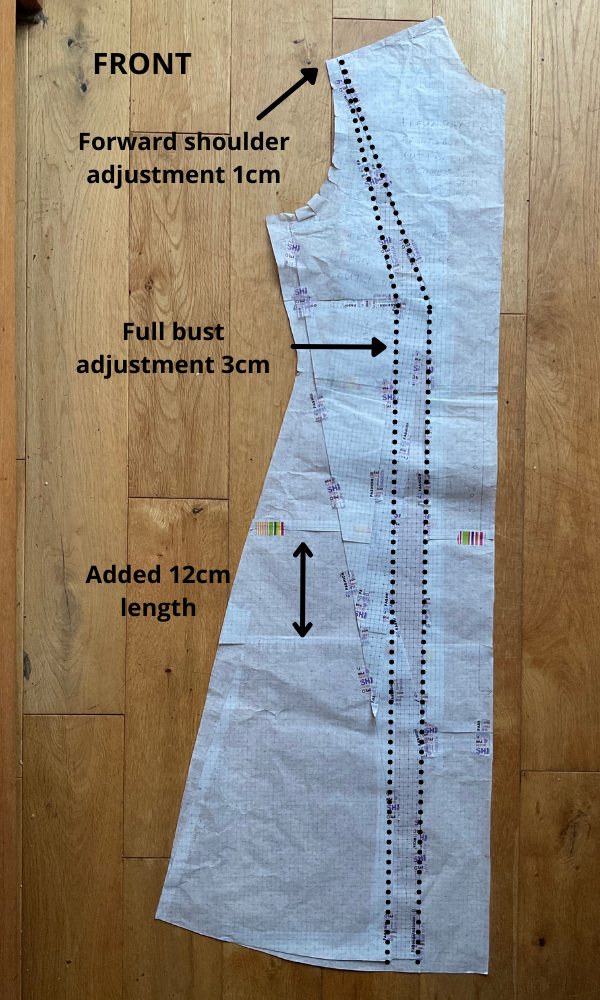Fitting adjustments made on Tilly and the Buttons Freya Dress front pattern piece, showing forward shoulder, full bust and length adjustments