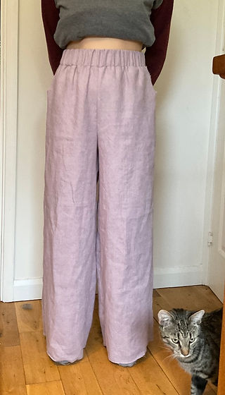 Front view of fabric fitting the Saguaro Set Trousers or pants by the Friday Pattern company, with Merchant & Mills 185 linen in Calamine