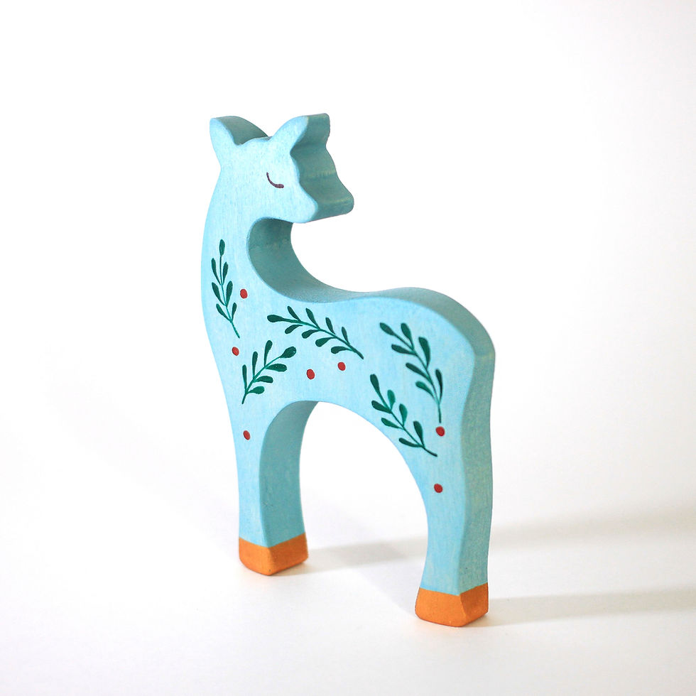 Wooden doe reindeer toy figurine made of birtch wood , eco-friendly, handcrafted holiday decor inspired by winter forest