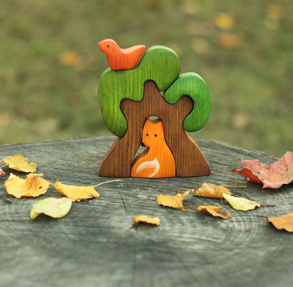Thumbnail: Hand-carved organic wooden tree puzzle with forest animal figurines for children in Irvine, California, USA