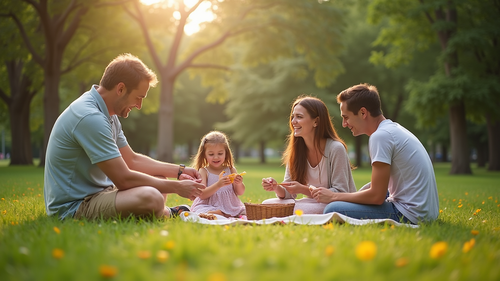 Eye-level view of a family enjoying a picnic in a park