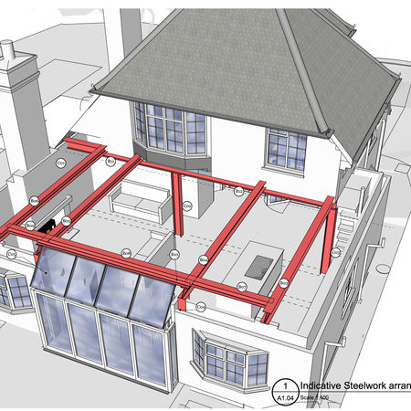Architect designed steelwork layout in the roof for a second floor to be built in the future.