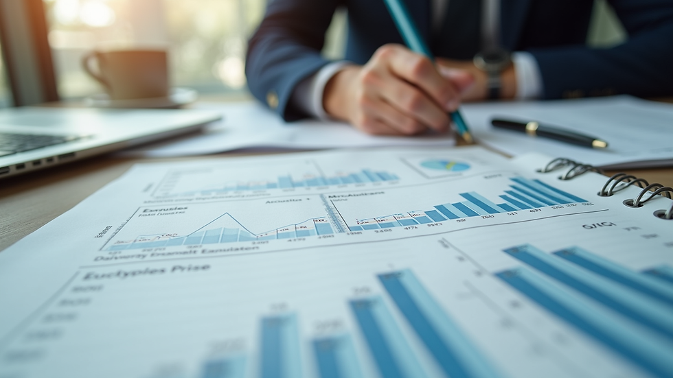 Close-up view of financial documents and notes on a table