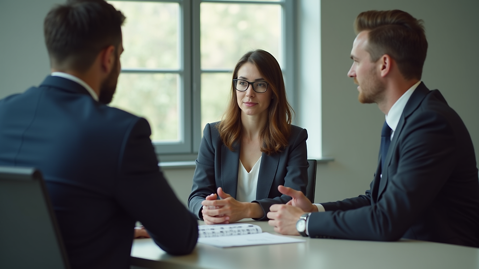 Eye-level view of a mediator facilitating a discussion between two people
