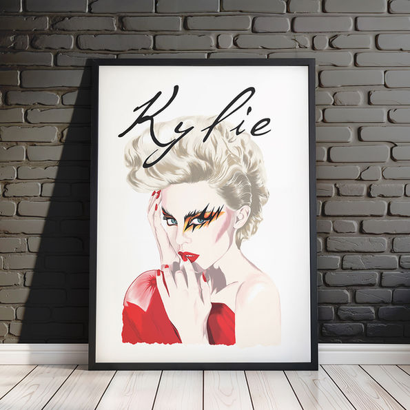 Pop Culture Art to appeal to the LGBTQ+ Pride community. A colourful, illustrated portrait of Pop Princess and Australian Neighbours star Kylie Minogue. The text reads "Kylie Minogue".