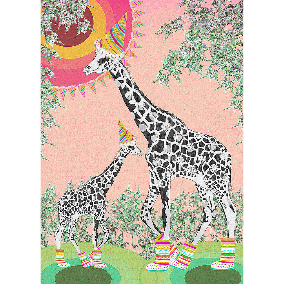 Thumbnail: A whimsical illustration of a mum and baby giraffe wearing colourful stripey boots and party hats against a peach background.