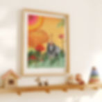 A colourful, illustrated, framed "Party Animals" print of a lion. The artwork hangs above a toy shelf in a nursery.