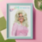 Portrait of Dolly Parton, country music singer and cowgirl, in a mint frame, resting on a pink, olive and cream surface.