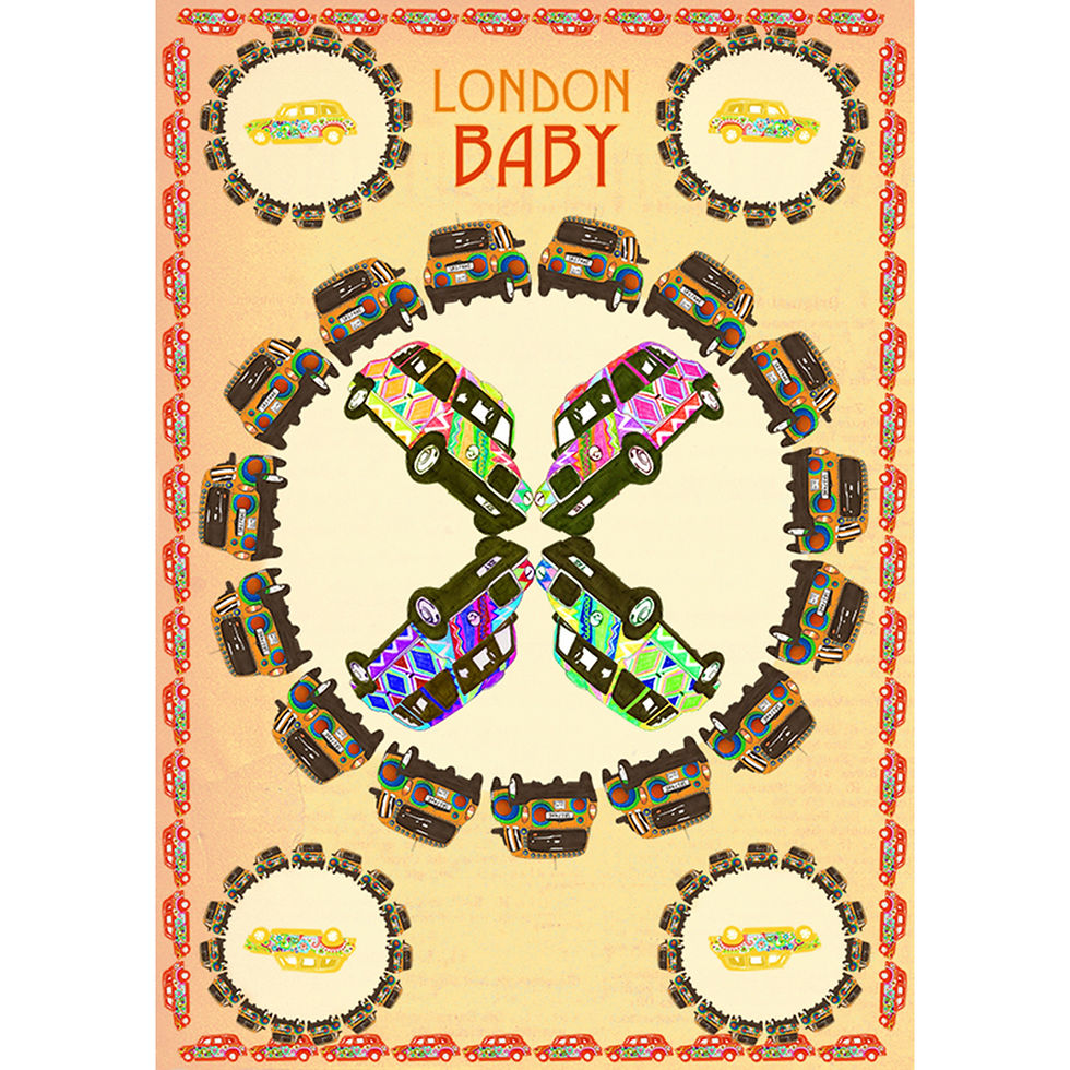 Thumbnail: An illustrated postcard with colourful London taxi cabs. The background is orange and yellow, the text reads "London Baby."