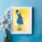 A fashion illustration of a model dressed in bold colours. The art print is displayed in a white frame on a blue wall.