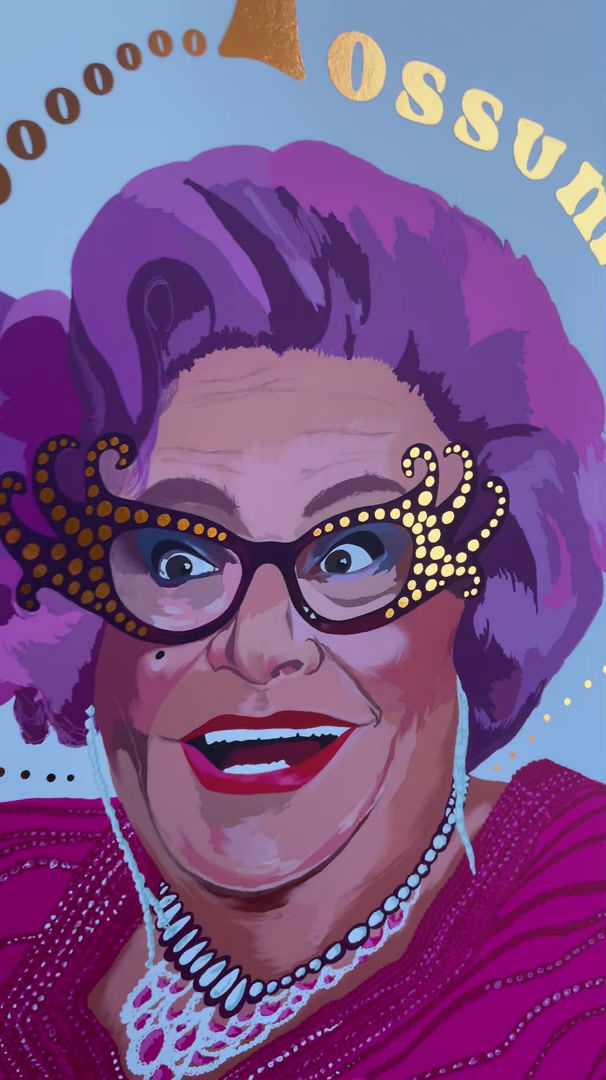 Thumbnail: Dame Edna art print sparkling in the sun. See how the copper foil text and glasses rhinestones really catch the light!